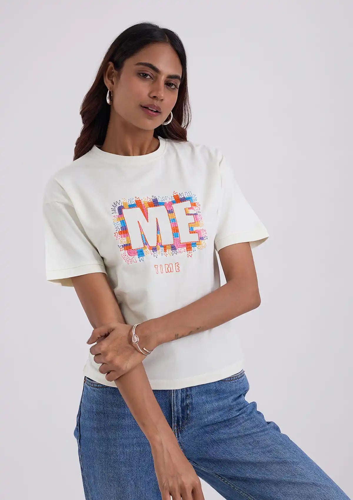 Embroidered Drop Shoulder T-Shirt for women