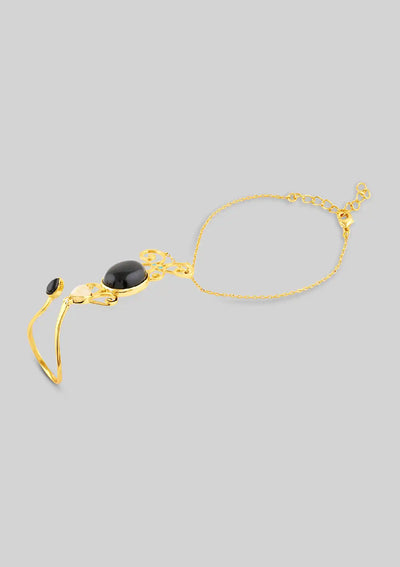 Gold plated rose quartz and black onyx hand chain with attached ring fashion bracelet for women