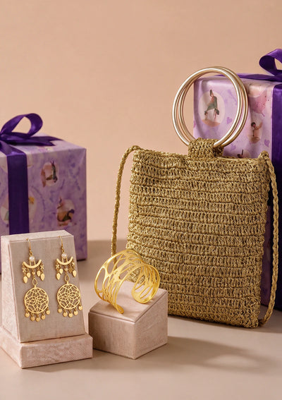 Festive Core Statement Gift Set for Her | Metallic Bag, Filigree Earrings & Cutwork Cuff Bracelet