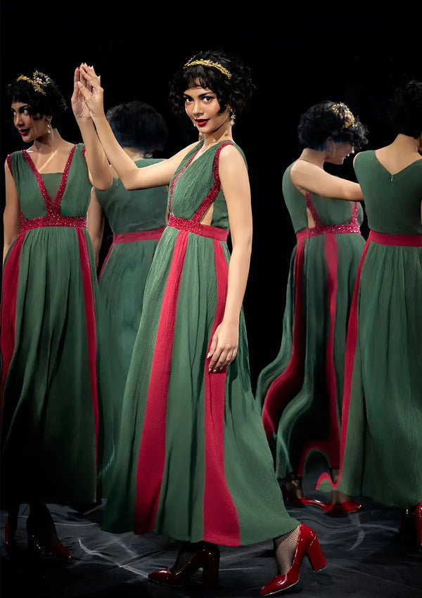 Frosted Wine - Dark Olive Crinkled Viscose Party Dress