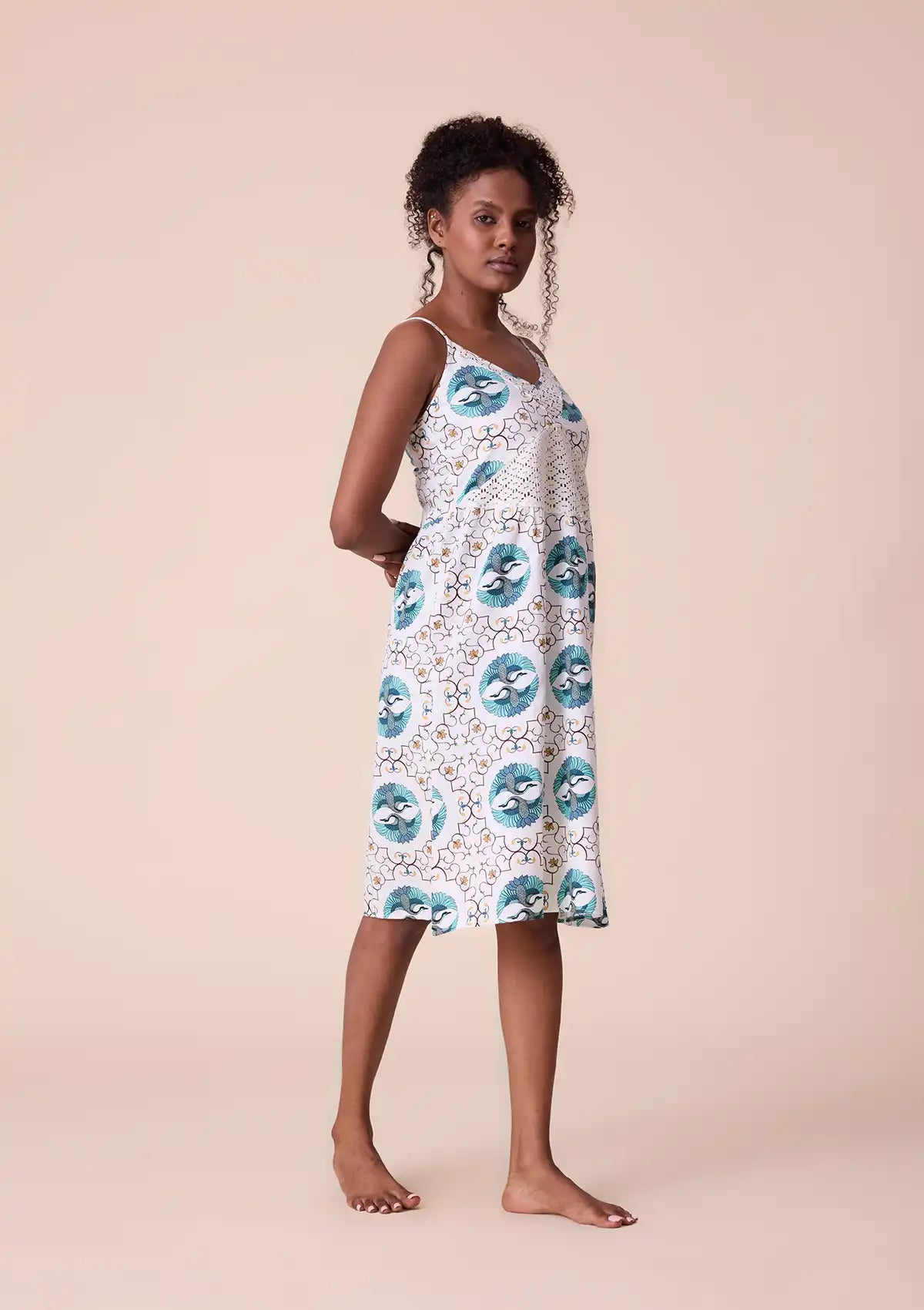 Gerana printed strap dress with lace panel Online