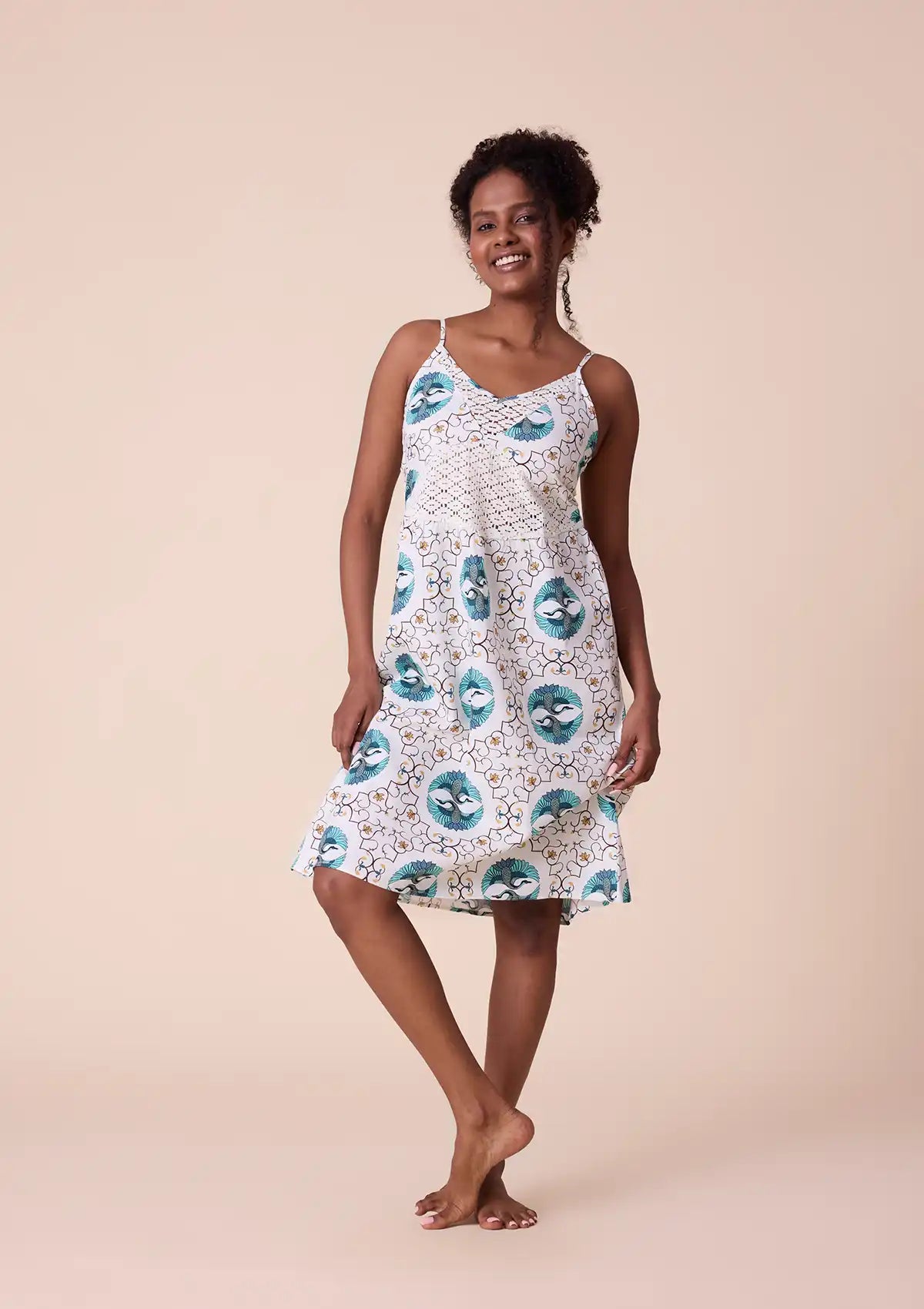 Gerana printed strap dress with lace panel for women online
