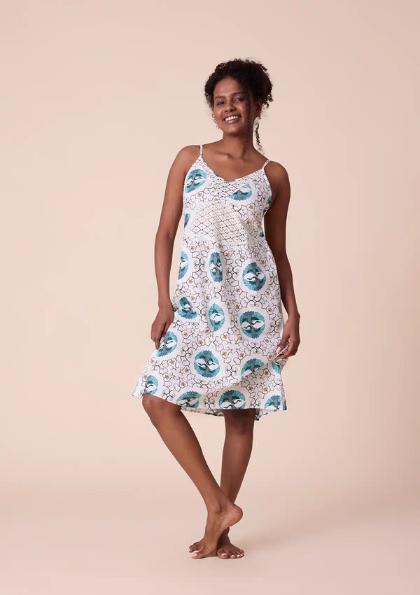 Gerana - Printed Strap Dress with Lace Panel in Cotton Satin