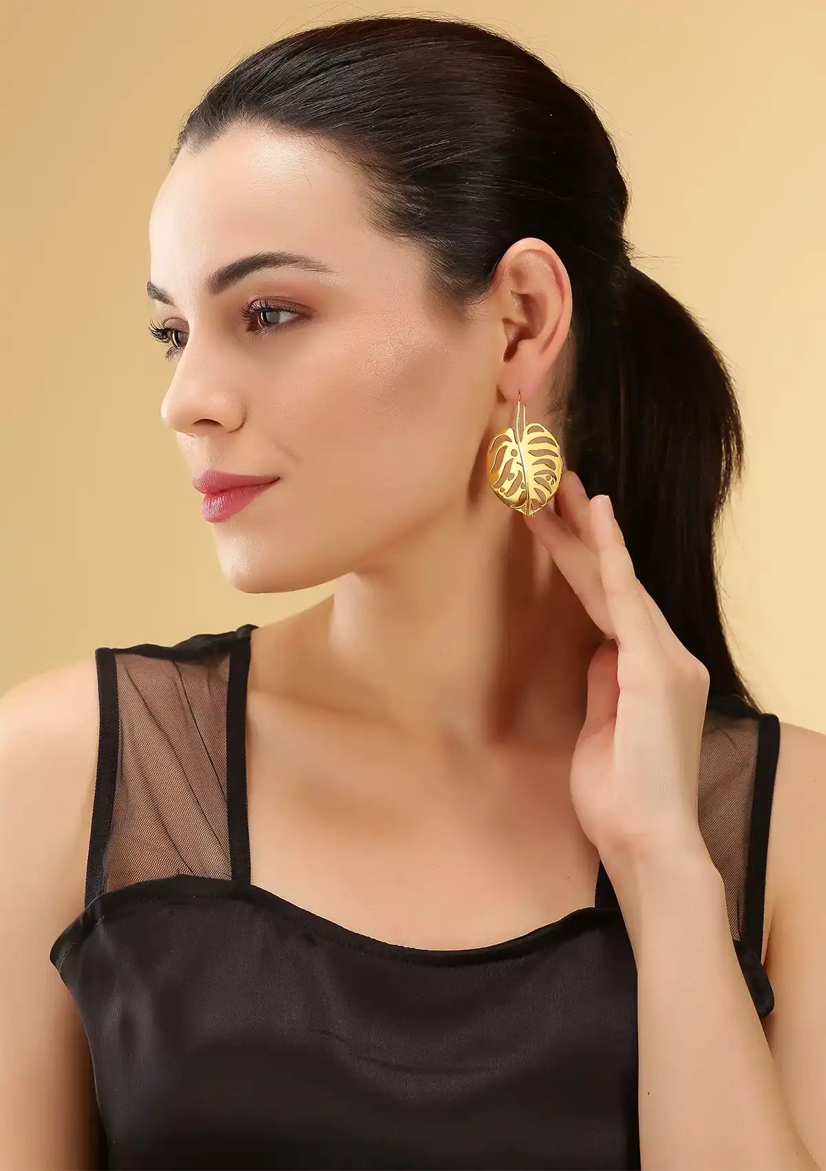 Gold finish leaf earrings for women