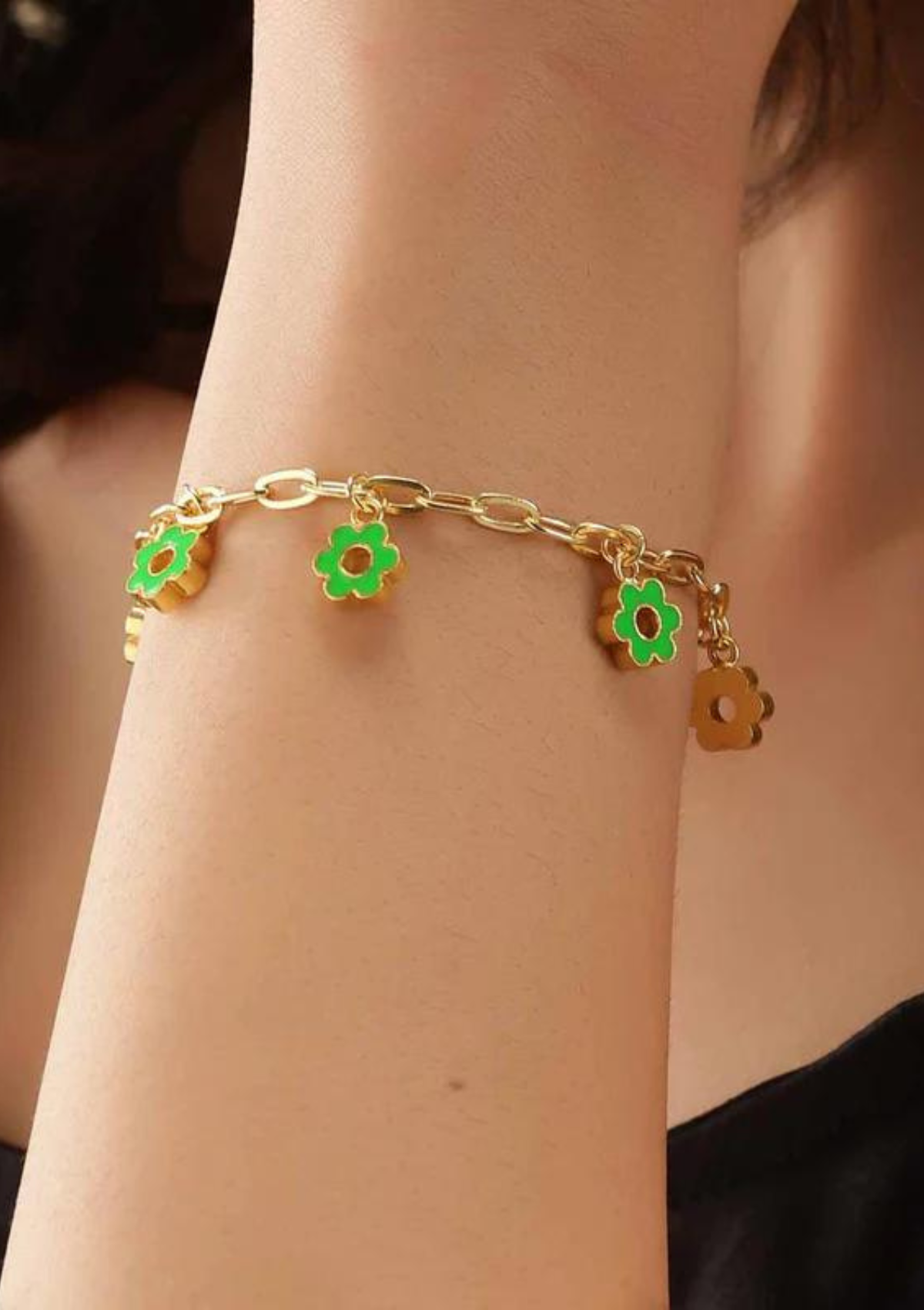 Women's jewellery gold plated green flower charm bracelet