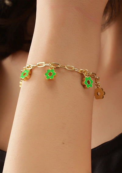 Gold plated green flower charm fashion bracelet for women