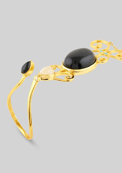 Gold plated rose quartz and black onyx hand chain with attached ring jewellery bracelet for women