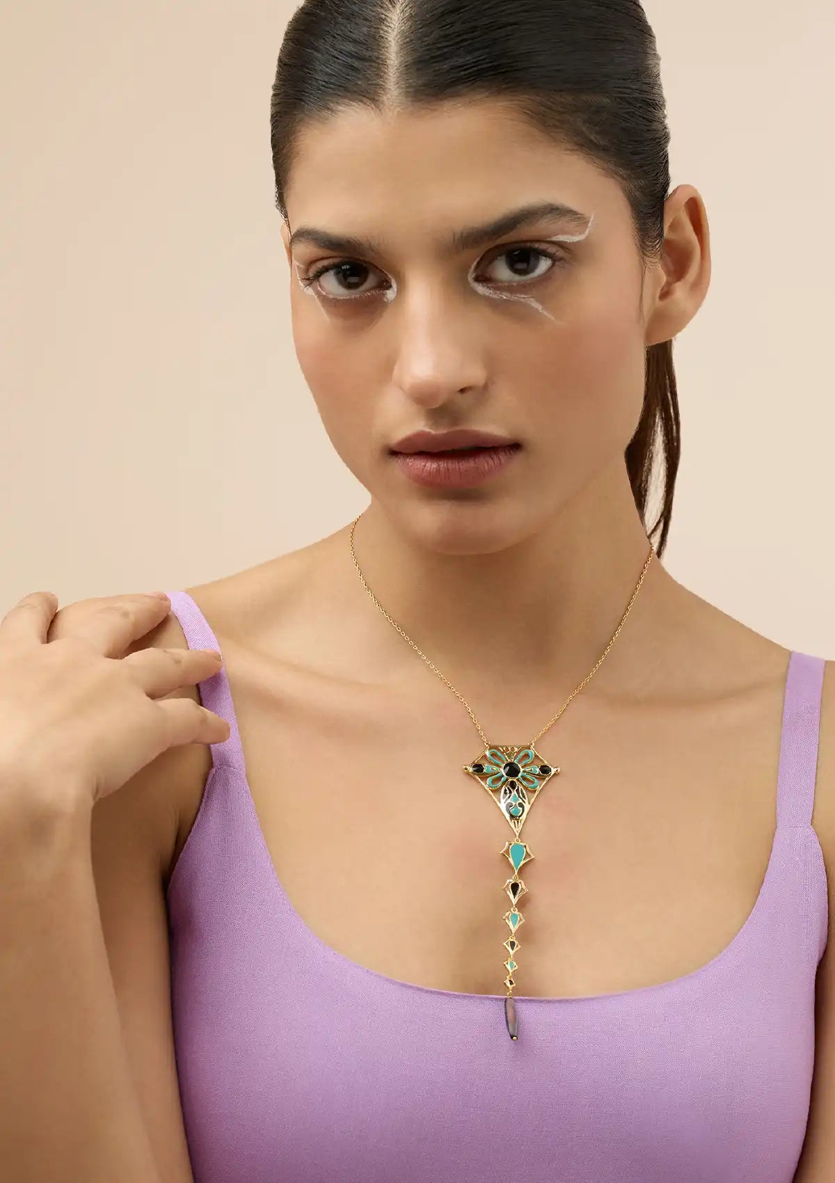 Gold plated turquoise black enamel onyx necklace for women