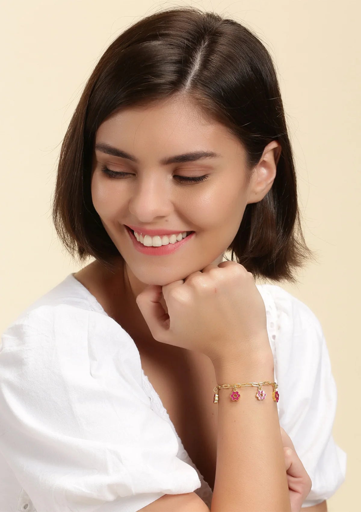 Women's gold plated pink flower charm bracelet Online