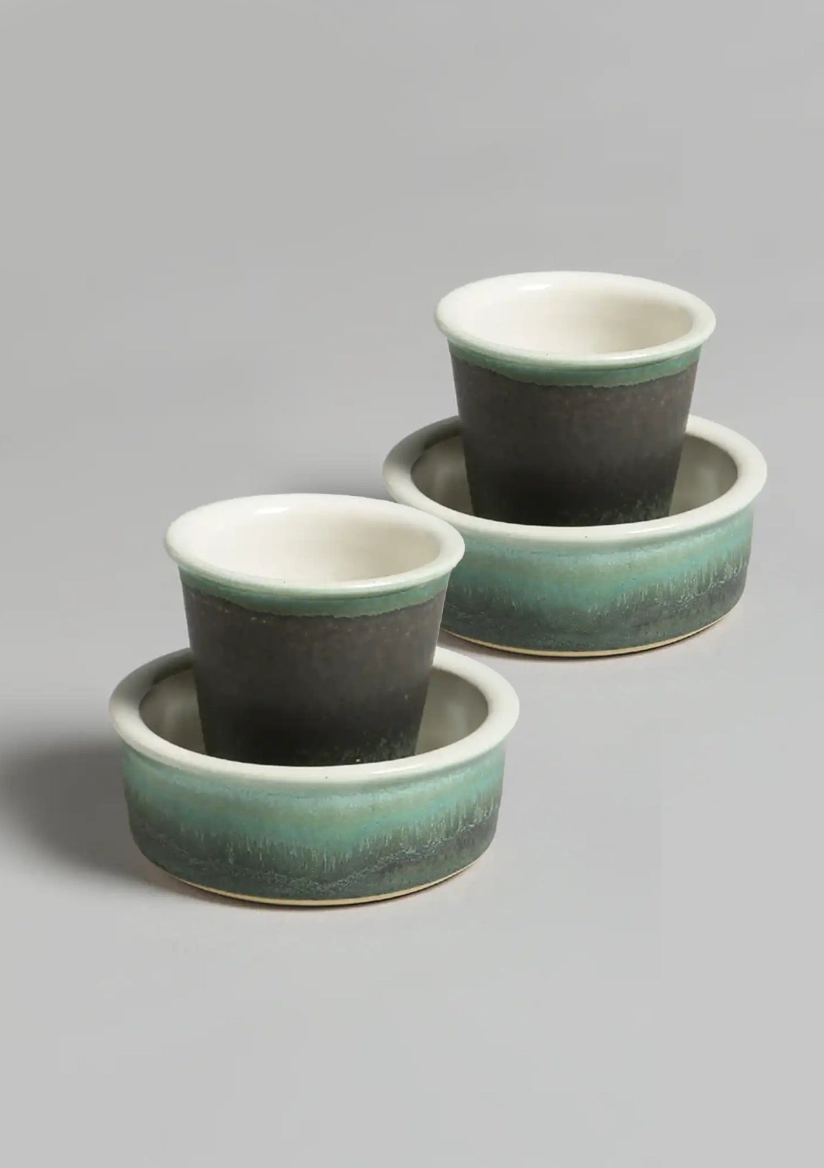 Green & white ceramic coffee cup set