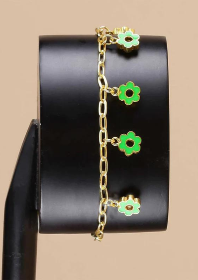 Green flower charm bracelet for women in gold plated finish