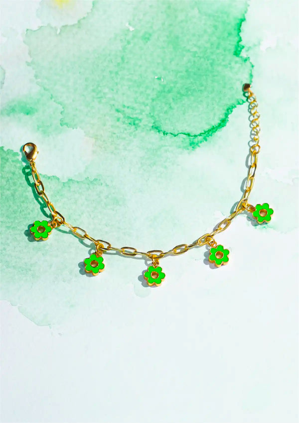 Glitzy Flower Charm Bracelet (Green)