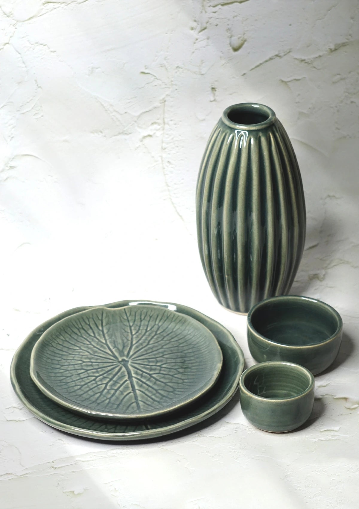 Ceramic serving set and vase combo in grey green