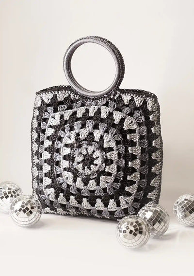 Black Shimmering Crochet Handheld Bag
