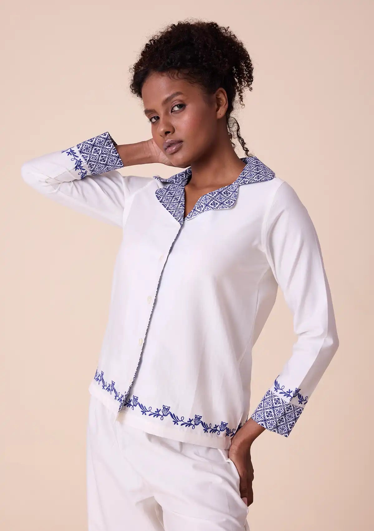 Hera Solid shirt and trouser with printed panel and embroidered hem Online