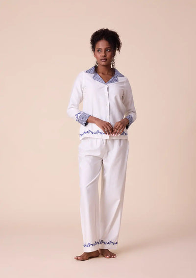 Hera - Solid Shirt and Trouser Set with Printed Panel and Embroidered Hem