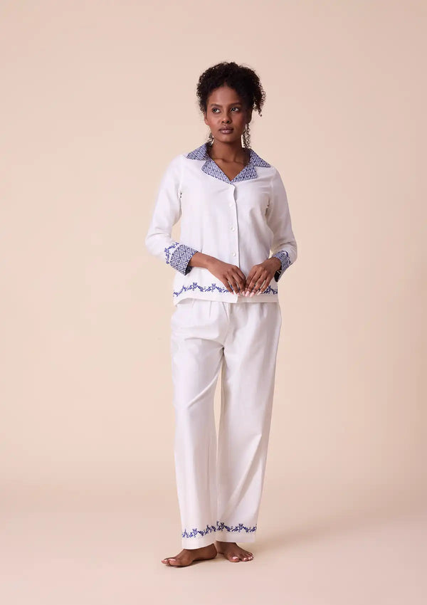 Hera - Solid Shirt and Trouser Set with Printed Panel and Embroidered Hem