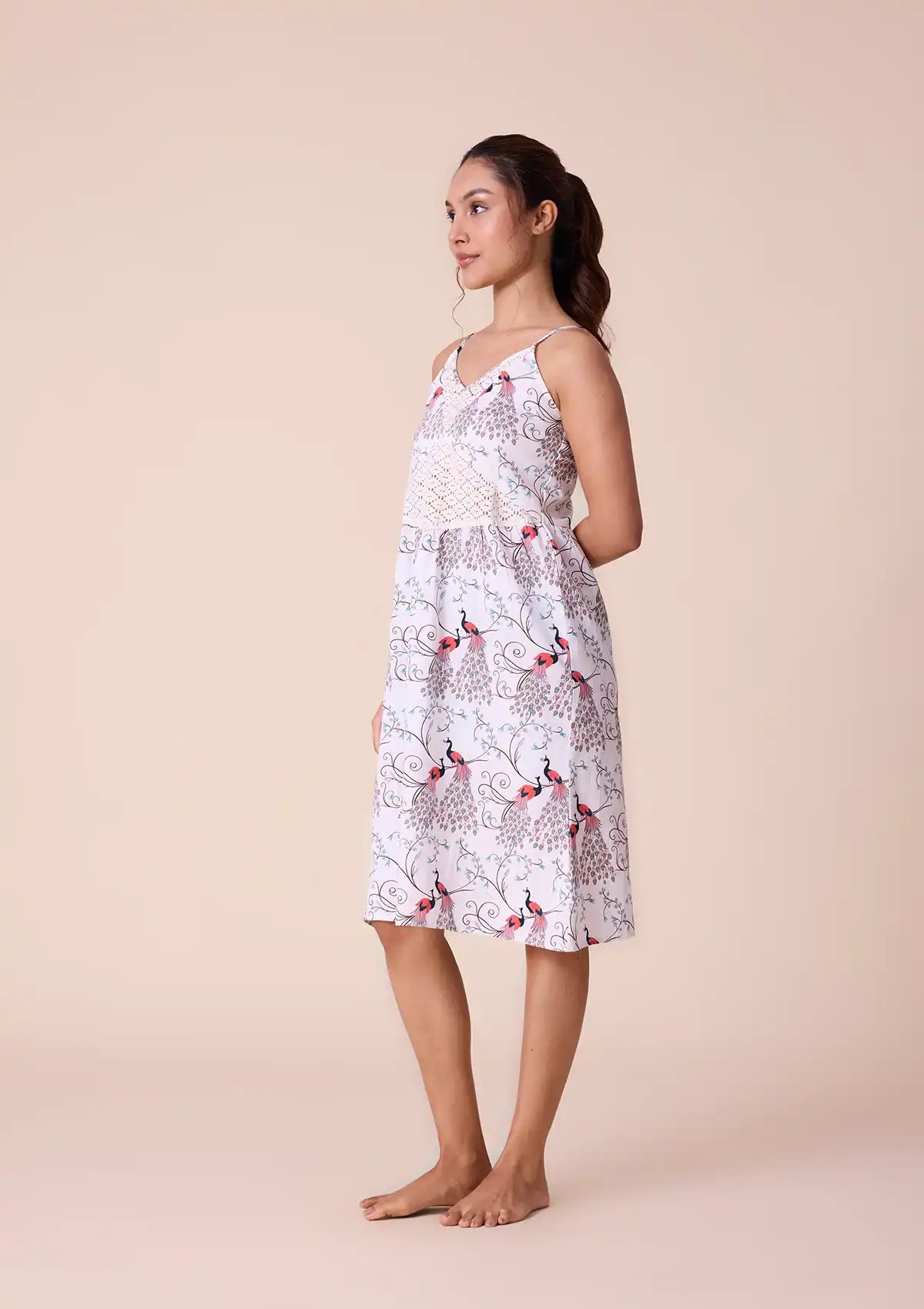 Heraia printed strap dress with lace panel Price