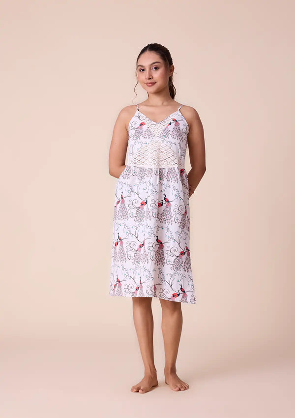 Heraia - Printed Strap Dress with Lace Panel in Cotton Satin