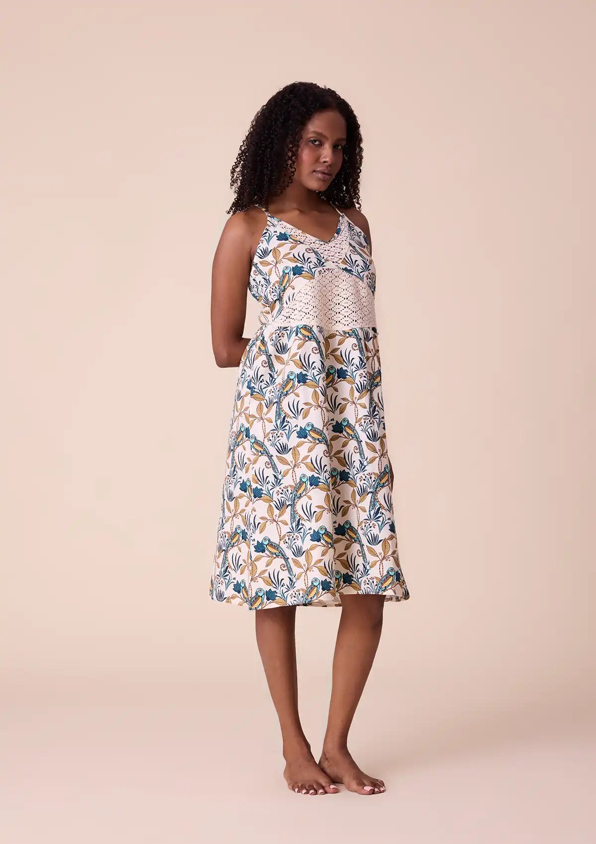 Hina printed strap dress with lace panel Online
