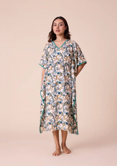 Hina - Printed Kaftan Dress in Cotton Satin