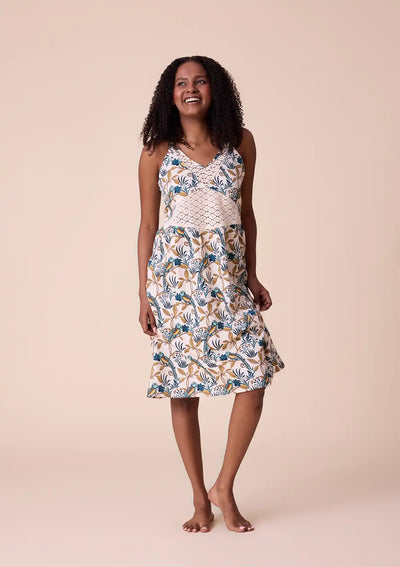 Hina - Printed Strap Dress with Lace Panel in Cotton Satin