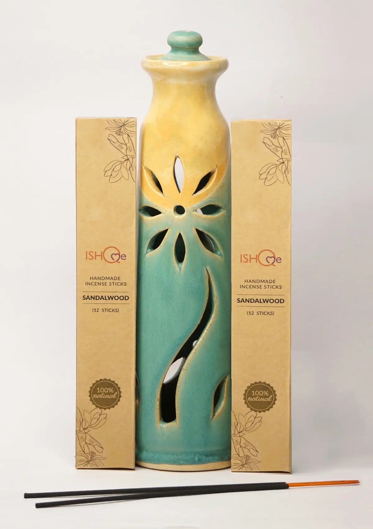 Turquoise Sea Incense Stand with Fragrant Sandalwood Incense Sticks Combo