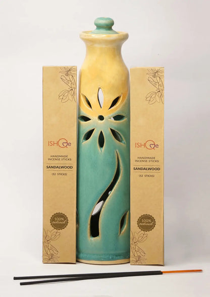 Turquoise Sea Incense Stand with Fragrant Sandalwood Incense Sticks Combo