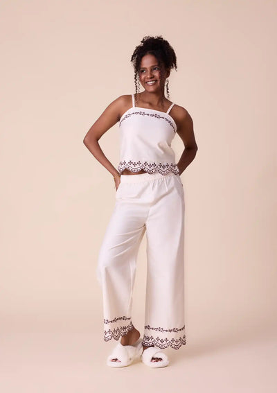 Ivora - Solid Crop Top and Trouser Set with Broderie Embroidered Hem