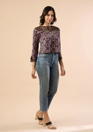 Jamila - Moroccan printed Lace Accent Blouse
