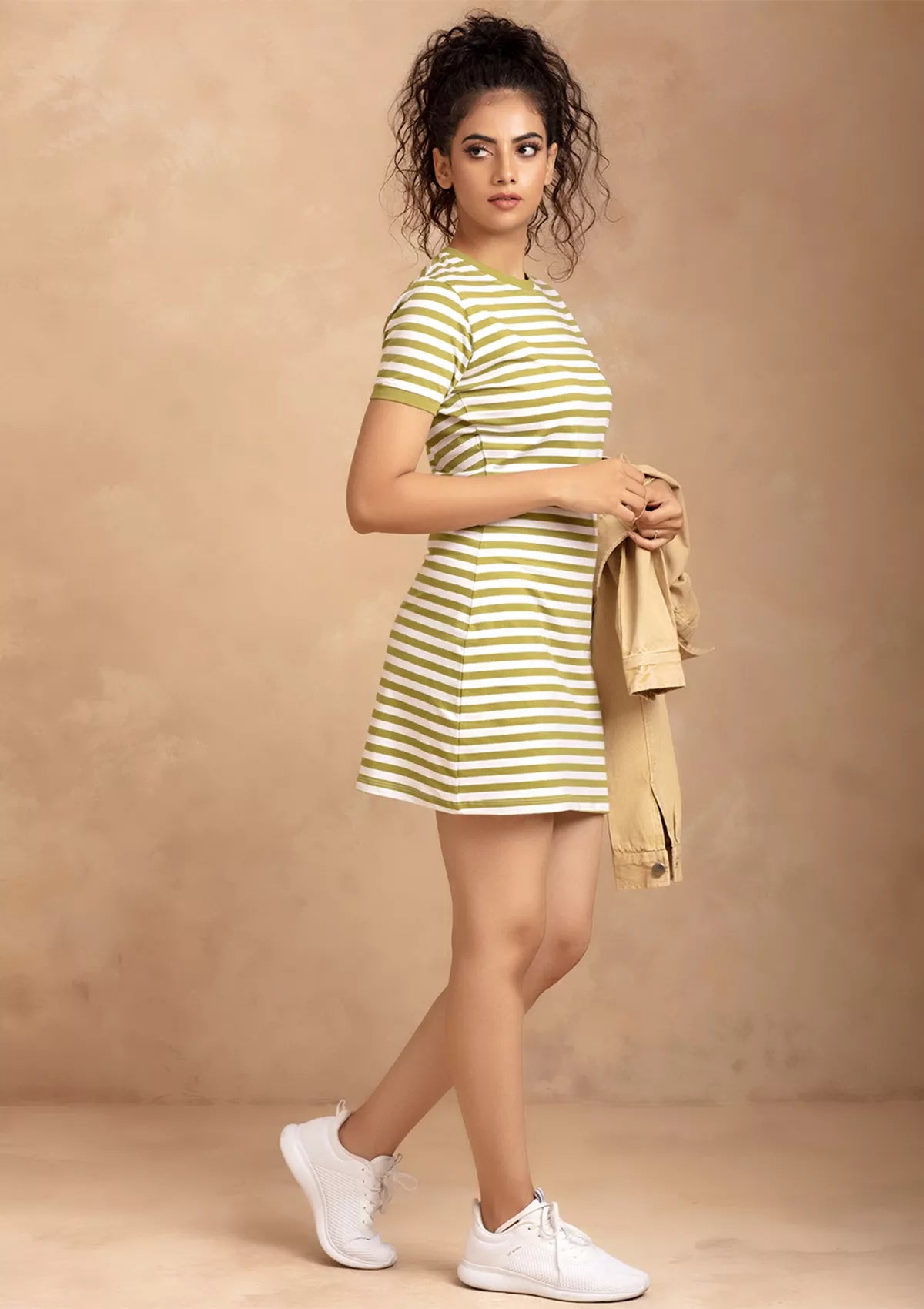 Lyra - Green striped T-shirt dress for women online