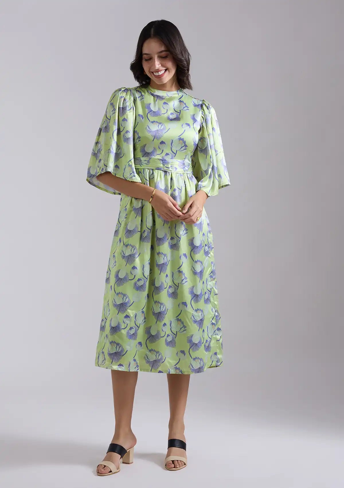 Mizukaze Printed Satin A line dress price for women at IshqME