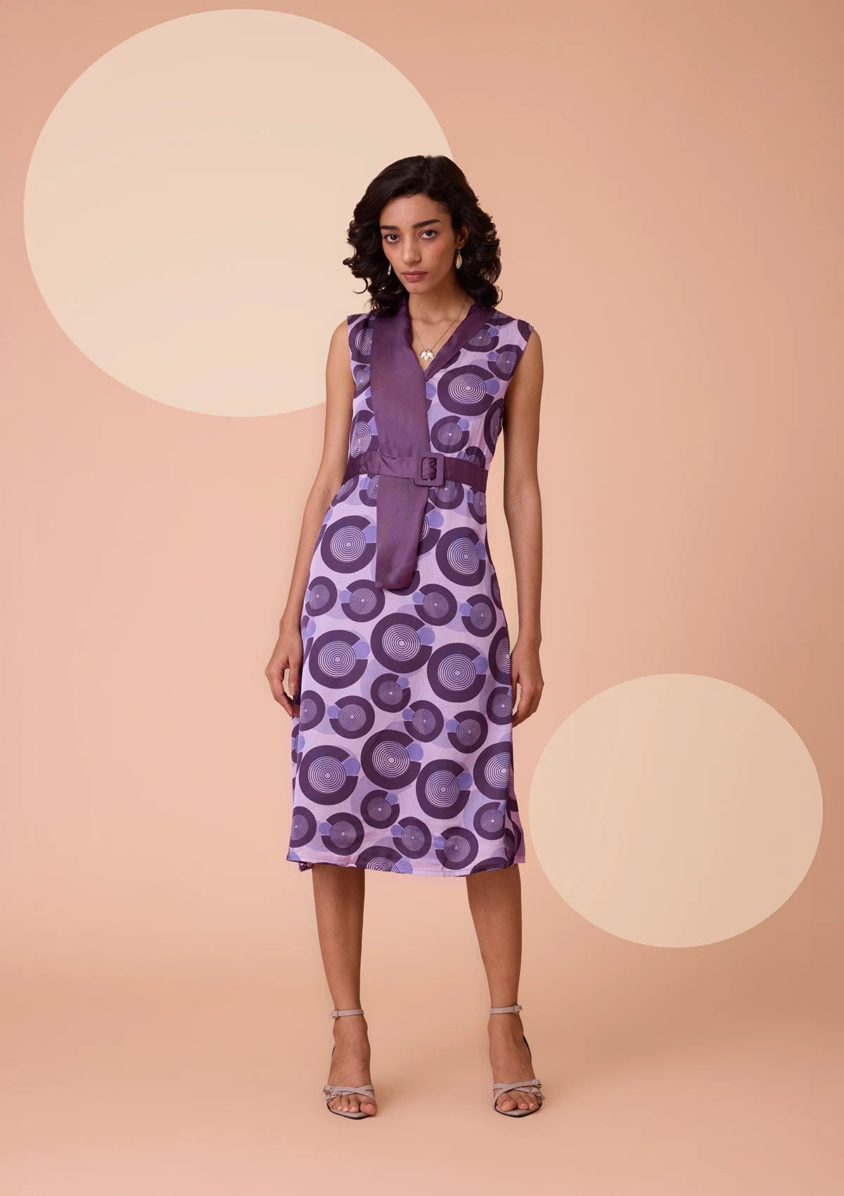 Nyra Abstract Circle Print A Line Dress With Belt for women by IshqME