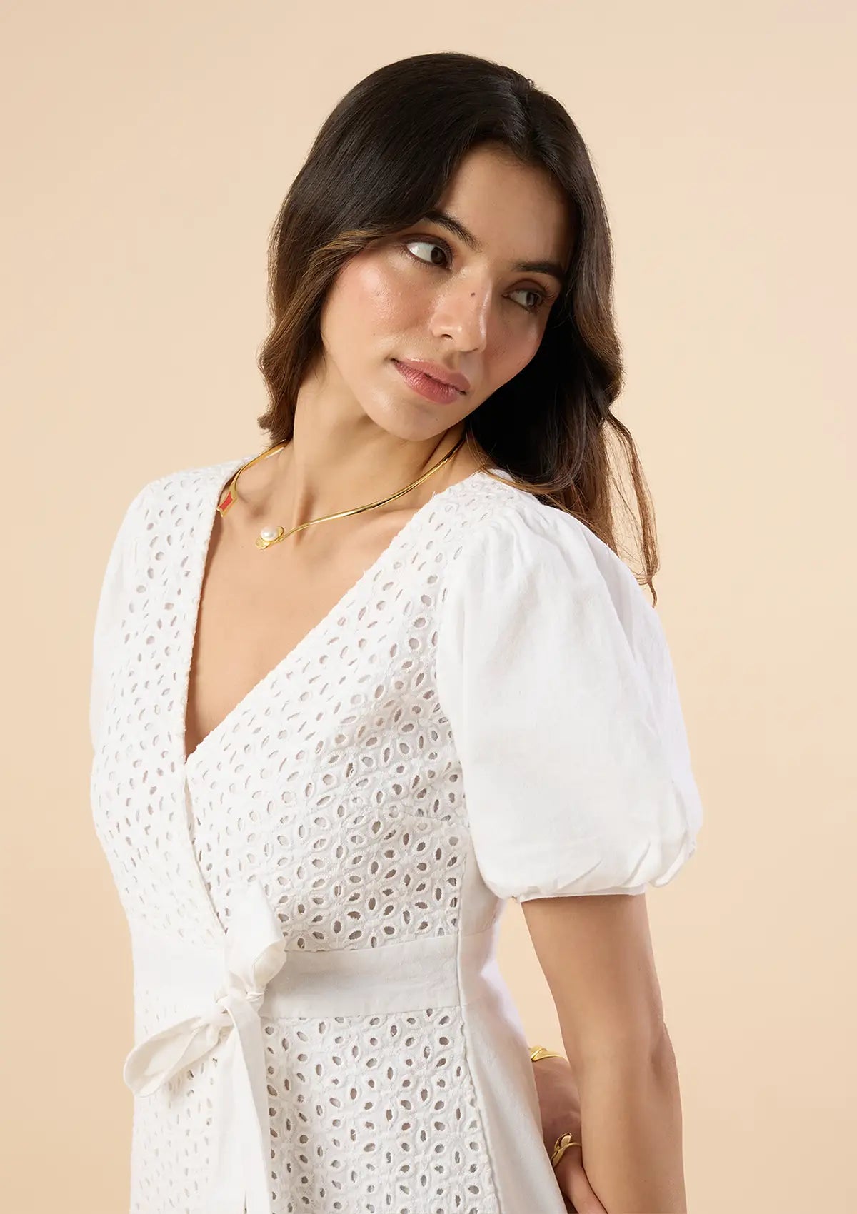 Pearl Dream Schiffli Embroidered Overlap Dress price for women at IshqME