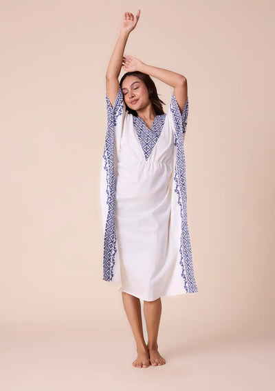 Candela Solid kaftan with printed panel and embroidered hem For Women