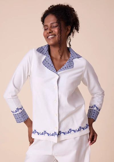 Hera Solid shirt and trouser with printed panel and embroidered hem For Women