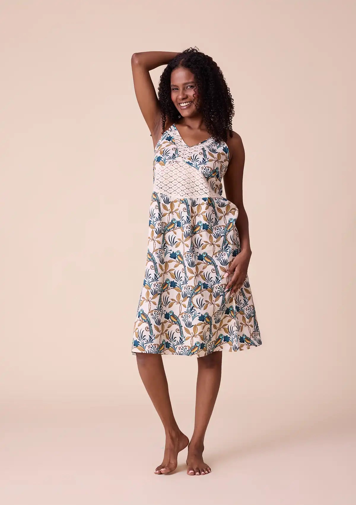 Hina printed strap dress with lace panel For Women