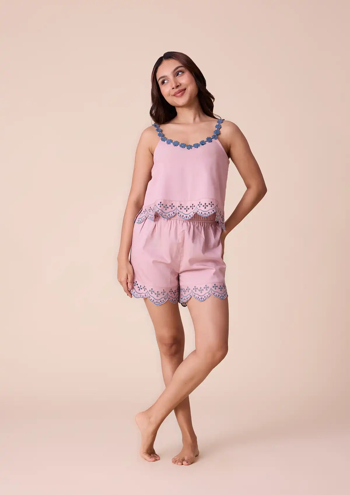 Sakuya Floral lace strap top and shorts with broderie hem For Women