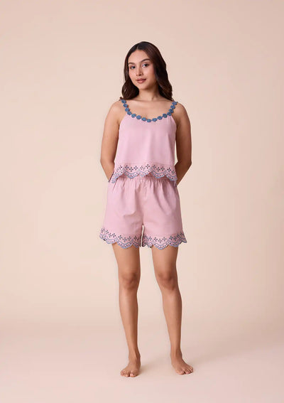 Sakuya - Solid Top and Shorts Set with Broderie Embroidered Hem