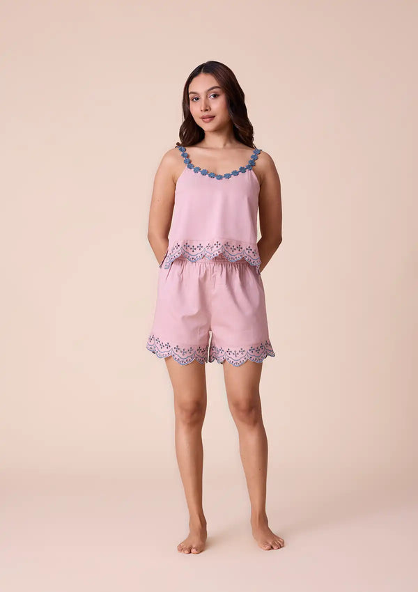 Sakuya - Solid Top and Shorts Set with Broderie Embroidered Hem