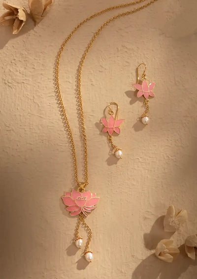 Gold Finish Silver Lotus Pendant Necklace with Earrings