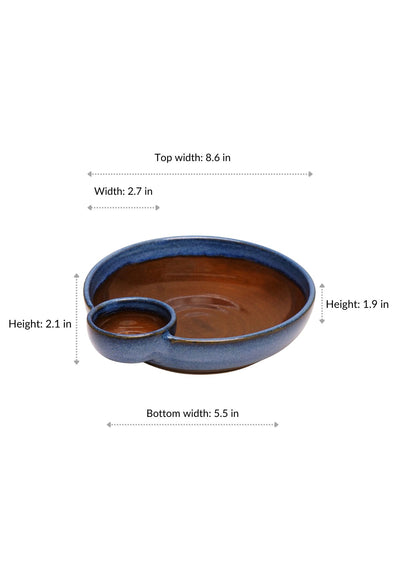 Ceramic snack bowl with dip section in Blue Brown