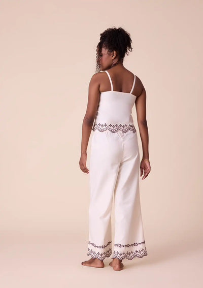 Ivora - Solid Crop Top and Trouser Set with Broderie Embroidered Hem
