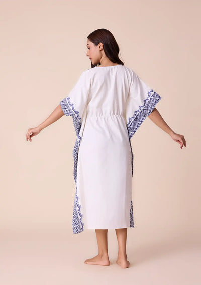 Candela - Solid Kaftan Dress with Printed Panel and Embroidered Hem