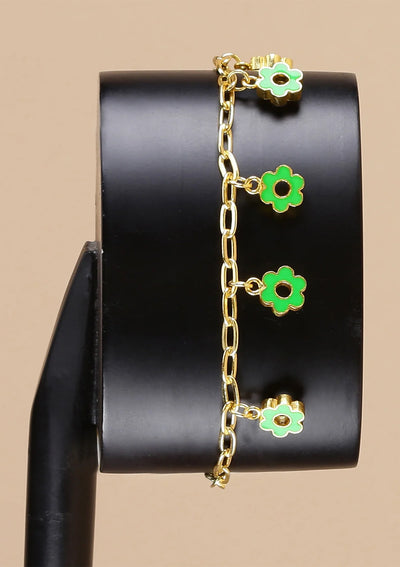Gold plated green flower charm jewellery bracelet for women