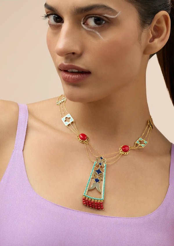 Turquoise and Coral Studded Enamel Necklace