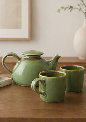 IshqME's Olive Green Tea Set: Teapot & 2 Tea Cup Ensemble