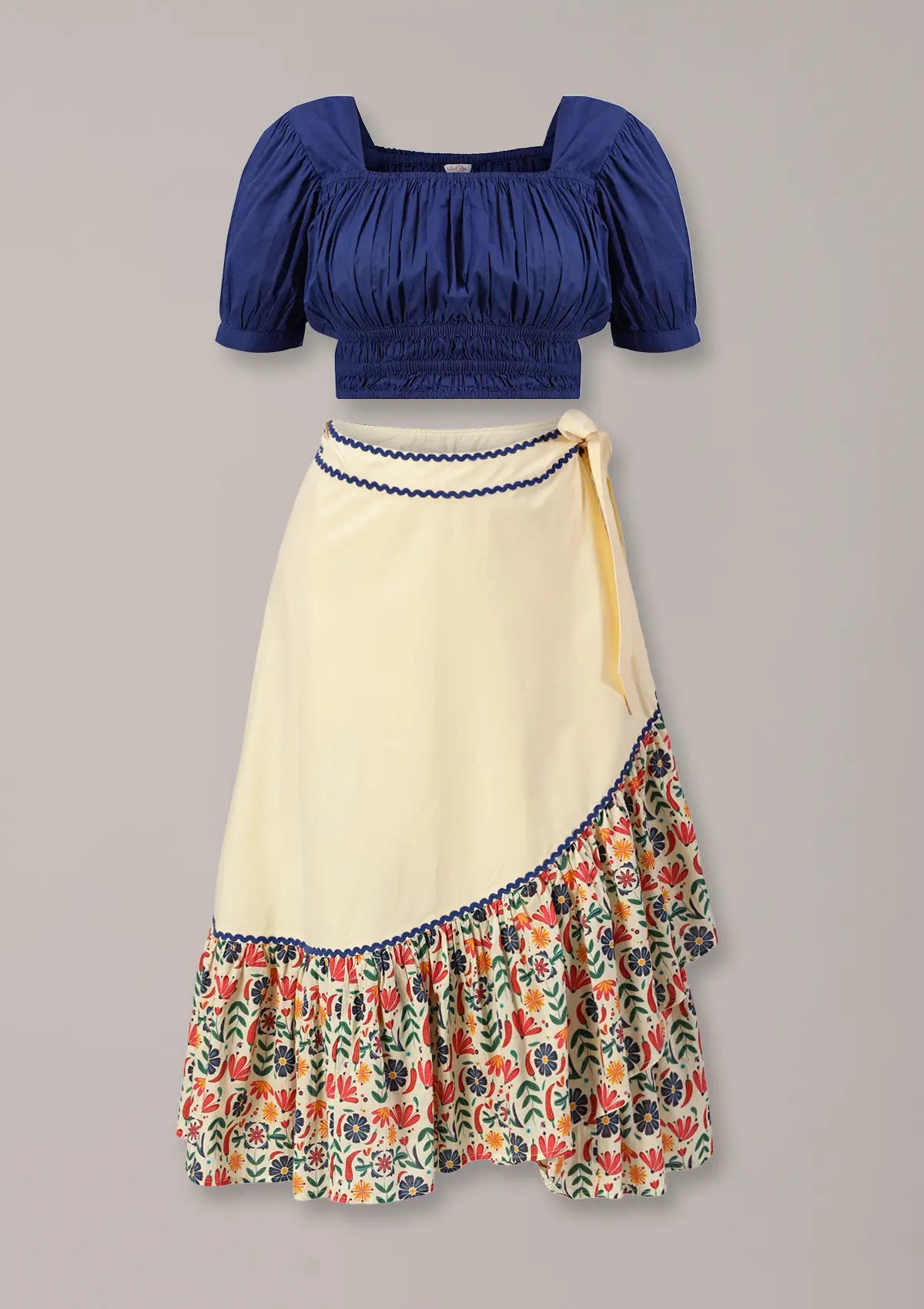 Tequila Tango Set Shirred Navy blue Top and Floral printed tiered wrap skirt online for women at IshqME