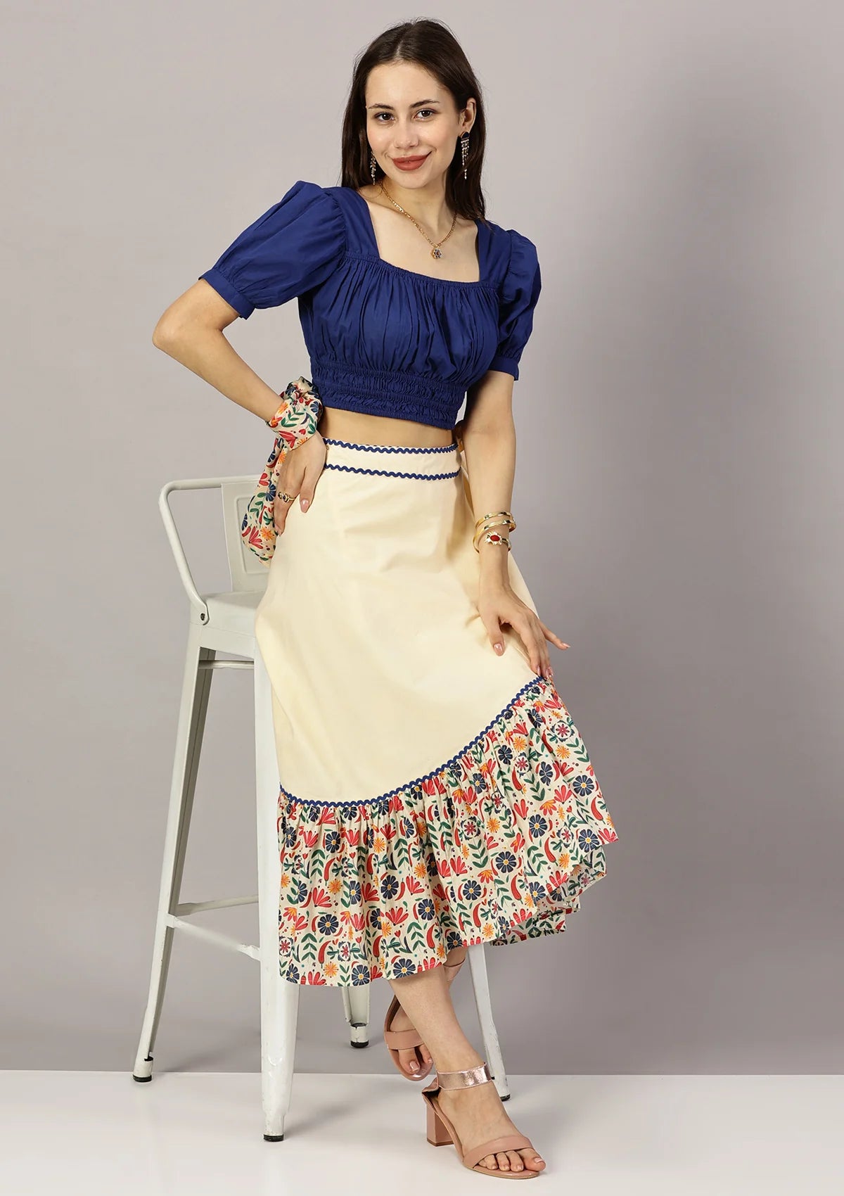 Tequila Tango Set Shirred Navy blue Top and Floral printed tiered wrap skirt price for women at IshqME