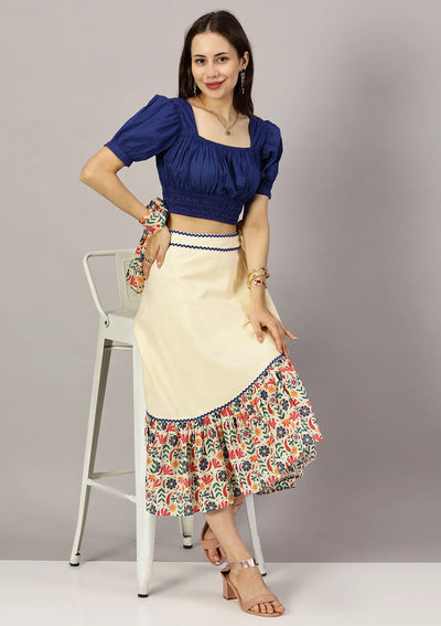 Tequila Tango Set Shirred Navy blue Top and Floral printed tiered wrap skirt price for women at IshqME